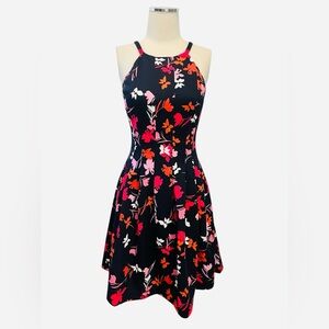 Vince Camuto Navy and Pink Floral Midi Dress Sz 6
